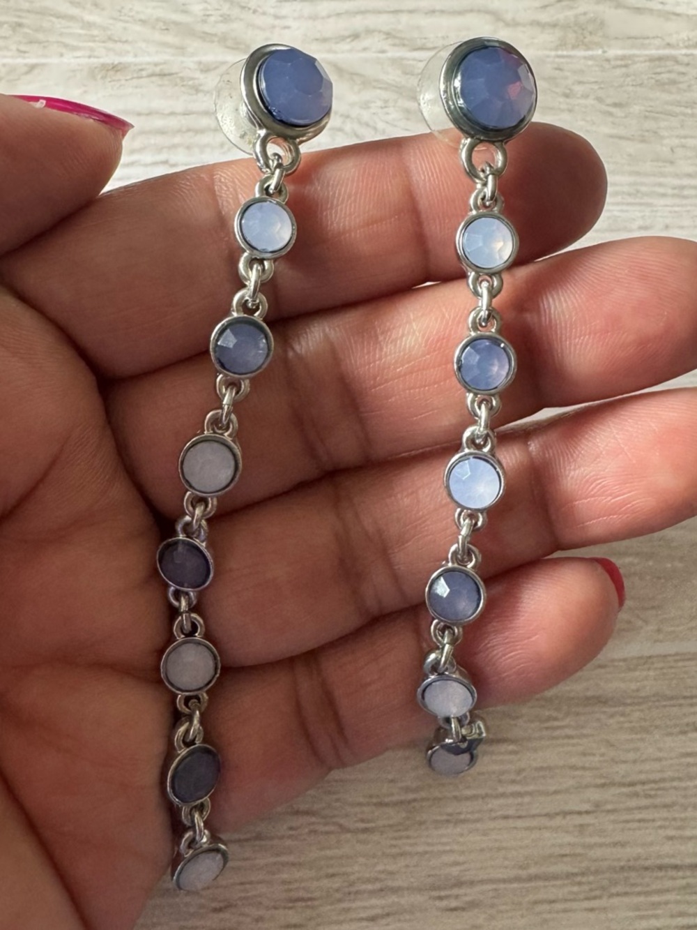 Long Dangle Earrings with Blue Opalescent Stones - Picture 2 of 5